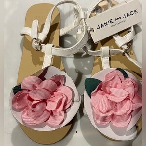Janie and Jack Little Girls White Sandals with Pink and Green Floral Design